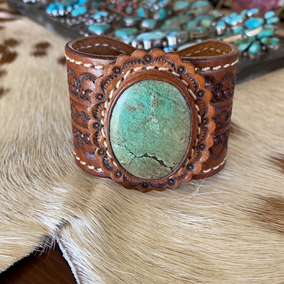 Spell Jewelry - SOLD 🛑Royston turquoise & tooled leather cuff